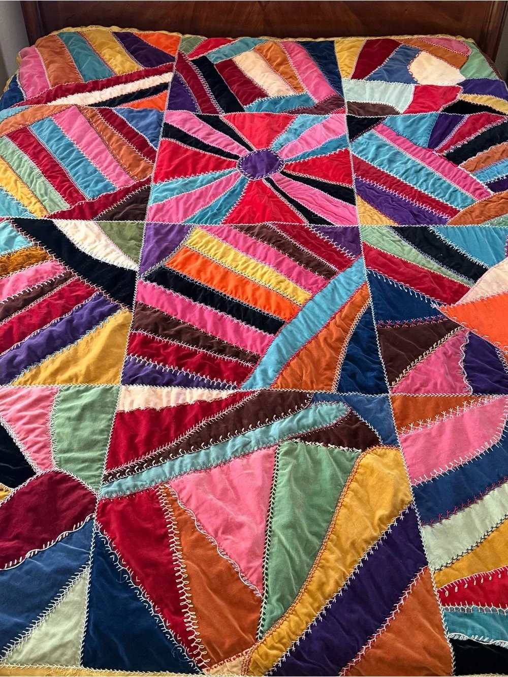 Vintage Crazy Patch Velvet Quilt 66x84 Hand Embroidered Boho Victorian